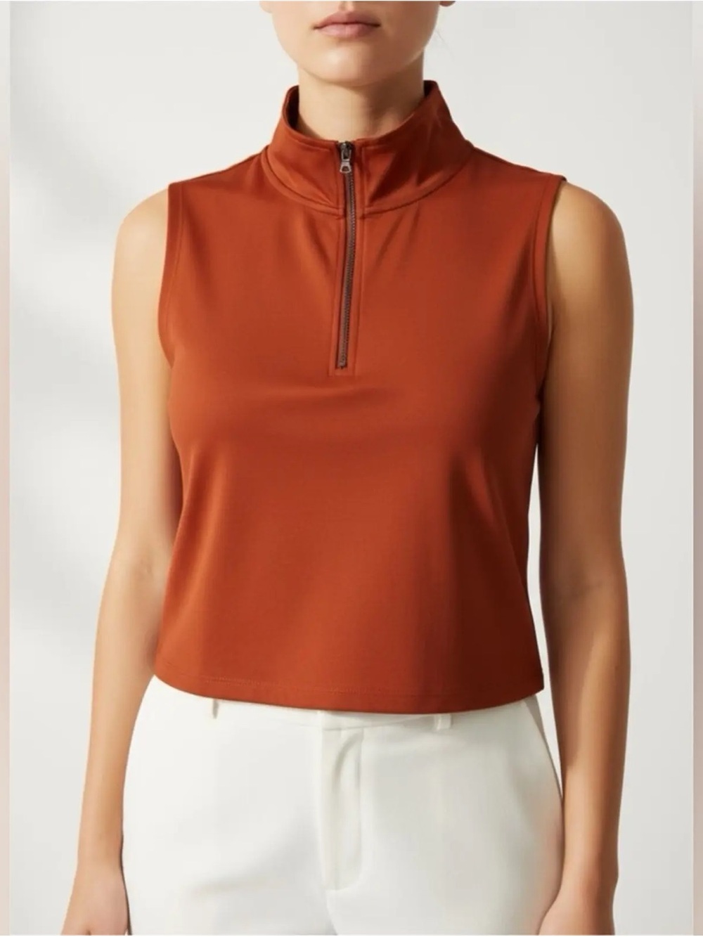 Kenneth Cole Sleeveless Zip Mock Neck Tank in Rust